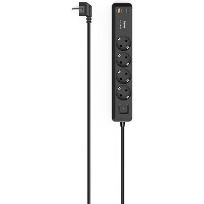 HAMA Разклонител 4-гнезда, USB-C/A 65 W, PD, ключ on/off, 1,4 м, черен/сив