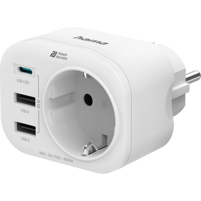 Мултипортов контакт HAMA, 4 гнезда, 1 x USB-C PD, 2 x USB-A, 20W, Бял