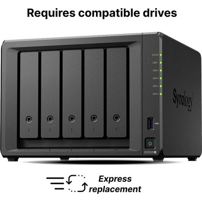 Мрежов сторидж Synology NAS DS1525+, за 5 диска, AMD Ryzen V1500B, 8GB DDR4 SODIMM
