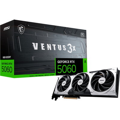 MSI Video Card NVIDIA GeForce RTX 5060 8G VENTUS 3X OC, 8GB GDDR7, 128-bit, 2550 MHz Boost, 3840 CUDA Cores, PCIe 5.0 (x8), 3x D