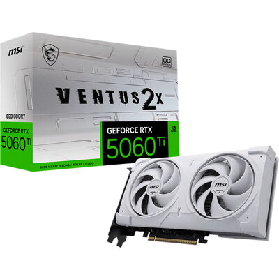 MSI Video Card NVIDIA GeForce RTX 5060 Ti 8G VENTUS 2X OC WHITE PLUS, 8GB GDDR7, 128-bit, 2617 MHz Boost, 4608 CUDA Cores, PCIe 