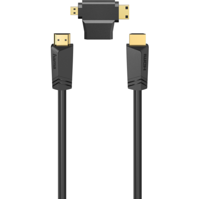 Кабел HAMA 205162, HDMI мъжко - HDMI мъжко, + HDMI адаптер(mini / micro), 1.5 м, Черен