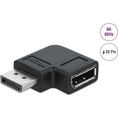 Адаптер Delock 90° DisplayPort 1.4 , 20 pin  мъжко (male) към  DisplayPort 1.4 20 pin женско (female), 8К 7680 x 4320 @ 60 Hz wi