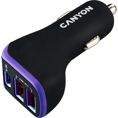 CANYON Universal 3xUSB car adapter, Input 12V-24V, Output DC USB-A 5V/2.4A(Max) + Type-C PD 18W, with Smart IC, Black+Purple wit