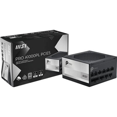 MSI PRO A1000PL PCIE5, 850W, 80 Plus Platinum, 120mm Fluid Dynamic Bearing Fan, Protections: OCP/OTP/OPP/SCP/OVP/UVP/SIP/NLO, Di
