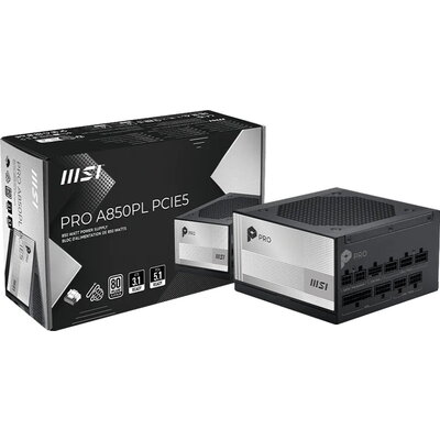 MSI PRO A850PL PCIE5, 850W, 80 Plus Platinum, 120mm Fluid Dynamic Bearing Fan, Protections: OCP/OTP/OPP/SCP/OVP/UVP/SIP/NLO, Dim