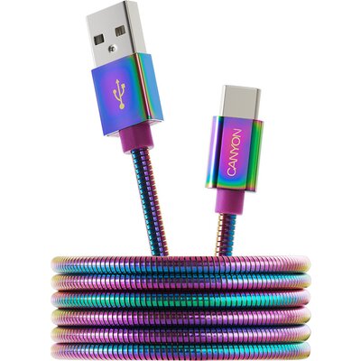 CANYON Type C USB 2.0 standard cable, Power output 5V/9V 2A, OD 3.8mm, metal shell, cable length 1.2m, Rainbow, 14*6*1000mm, 0.0