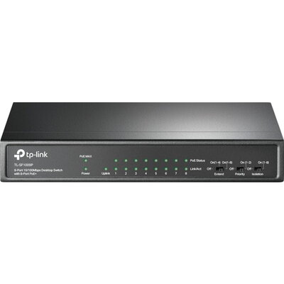 9-port 10/100Mbps unmanaged switch with 8 PoE+ ports, compliant with 802.3af/at PoE, 65W PoE budget, support 250m Extend Mode, P