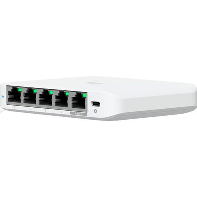 Ubiquiti 5-port 2.5G switch that can be powered with PoE or a USB-C adapter; 4x 2.5 GbE ports, 2.5 GbE PoE input port for power