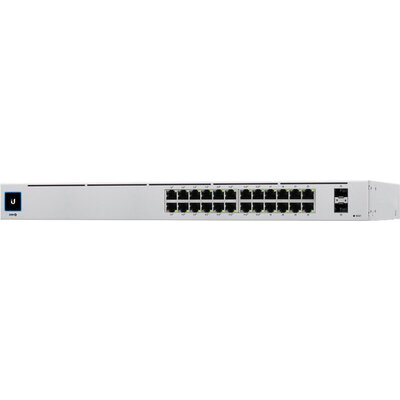 UBIQUITI Pro 24; (24) GbE ports; (2) 10G SFP+ ports; DC power backup-ready; Layer 3 switching; Silent cooling.