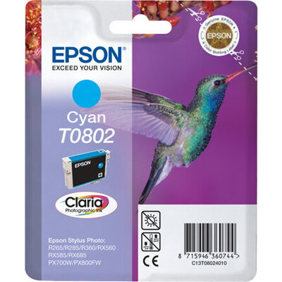 EPSON T0802 ink cartridge cyan standard capacity 7.4ml 935 pages 1-pack blister without alarm