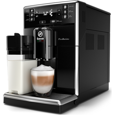 Philips автоматична еспресо машина Saeco PicoBaristo 10 напитки, Вградена първокласна кана за мляко, Предна част с цвят Piano Bl