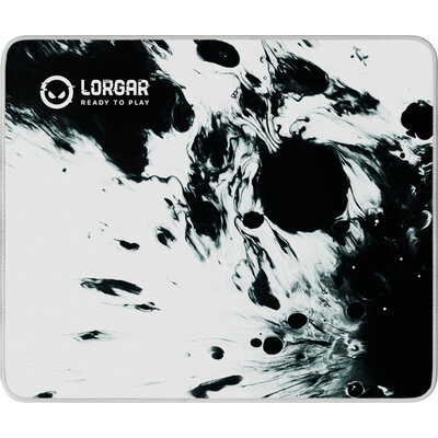 full print white and black design, bottom is black rubber with embossed LORGAR logo with double side edge stitching