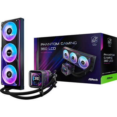 Asrock PHANTOM GAMING 360 LCD, AiO liquid cooler, ARGB, IPS LCD, 360 mm radiator, AM5, AM4, LGA1851, LGA1700, 90-APGA36-BAAGA5, 