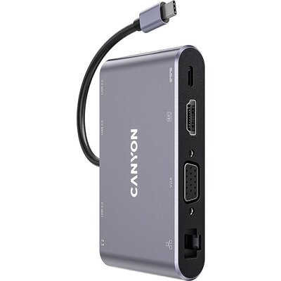 Canyon 8 in 1 USB C hub, with 1*HDMI: 4K*30Hz, 1*VGA, 1*Type-C PD charging port, Max 100W PD input. 3*USB3.0,transfer speed up t