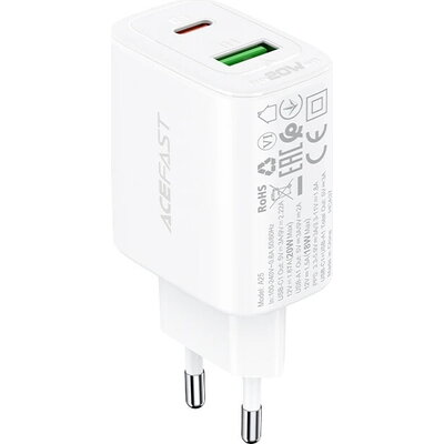 Acefast Универсално зарядно за стена Charger Wall GaN PD20W - A25 - USB-C x 1, USB-A x 1, White