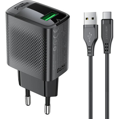 Acefast Универсално зарядно за стена Charger Wall GaN Quick Charge 18W - A90 with 1.2m cable - USB-A x 1, Black