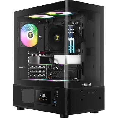 Gamdias кутия Case ATX - ATLAS E2 - 3 x 120 mm A-RGB, Digital Display, Curved Glass