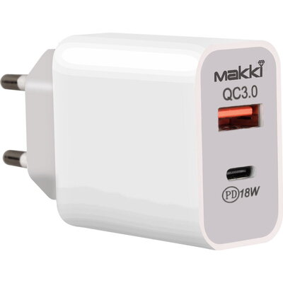 Makki бързо зарядно Fast Charger Wall - QC3.0 + Power Distribution Type-C 18W White - MAKKI-PQ18W-WH