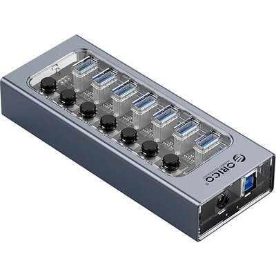 Orico хъб USB3.0 HUB 7 port with Power Adapter, On/Off buttons, Aluminium - AT2U3-7AB-EU-GY