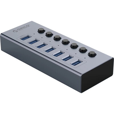 Orico хъб USB3.0 HUB 7 port with Power Adapter, On/Off buttons, Aluminium - BT2U3-7AB-EU-GY