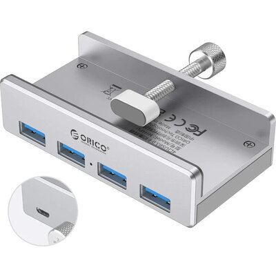 Orico хъб USB 3.0 HUB Clip Type 4 port - aux Micro-USB power input, Aluminum - MH4PU-P-SV