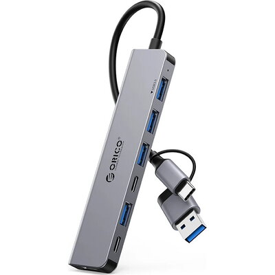 Orico хъб HUB USB-C/USB-A 7 port - USB-C x 2, USB3.0 x 1, USB2.0 x 4, Aluminium - YSA7-U3-GY