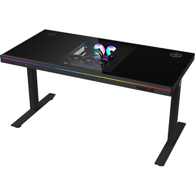 Dual-motor sit/stand adjustable-height gaming desk with built-in PC case, wireless charger, RGB lighting, control panel, and USB