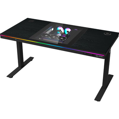 Dual-motor sit/stand adjustable-height gaming desk with built-in PC case, wireless charger, RGB lighting, control panel, and USB