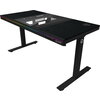 Dual-motor sit/stand adjustable-height gaming desk with built-in PC case, wireless charger, RGB lighting, control panel, and USB