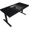 Dual-motor sit/stand adjustable-height gaming desk with built-in PC case, wireless charger, RGB lighting, control panel, and USB