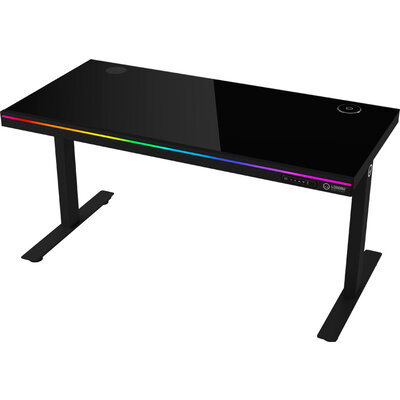 Dual-motor sit/stand adjustable-height gaming desk with wireless charger, RGB lighting, control panel, and USB ports, solid temp