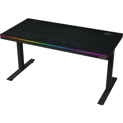 Dual-motor sit/stand adjustable-height gaming desk with wireless charger, RGB lighting, control panel, and USB ports, PB melamin