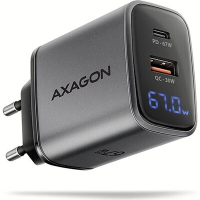 AXAGON ACU-PQ67D - PD3.0 & QC4+ 2xOUTPUTS, LCD display, wall charger 67W