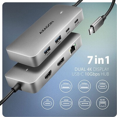 AXAGON HMC-CUB83X2 - USB-C 10Gbps DUAL 4K DISPLAY 7in1 hub